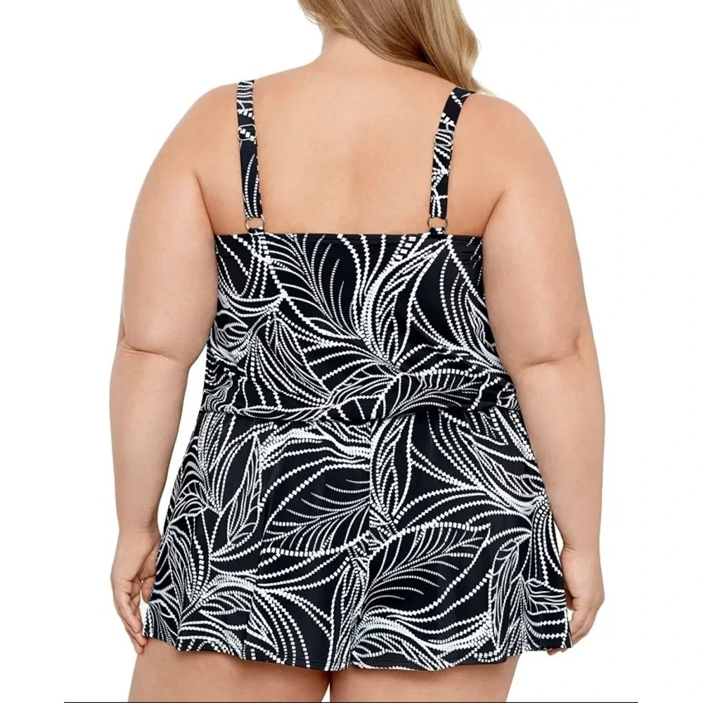 Swim Solutions Romper Swimsuit Womens 18W Black Palm Print Tropical $122 NWT - Picture 5 of 16